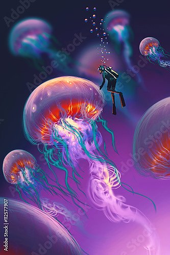Большие медузы и водолаз