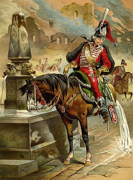 Барон Мюнхгаузен на лошади у фонтана