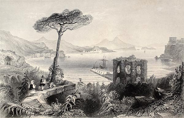 Naples bay, Italy. Original, created by W. H. Bartlett and and T. A. Prior,  published in Florence, 