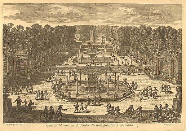 Вид на парк с террасами и тремя фонтанами
