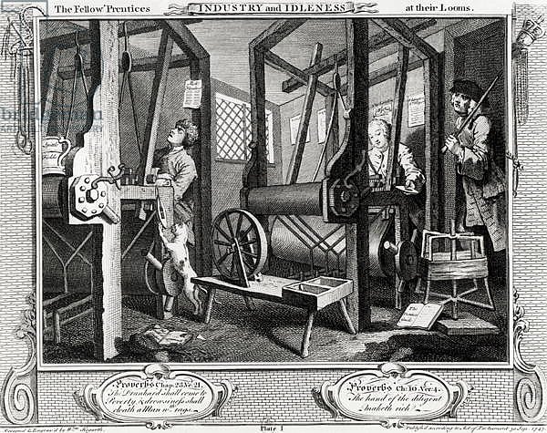 Industry and Idleness, The Fellow'Prentices at their Looms, plate 1, 1747