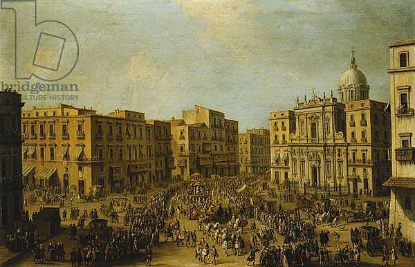 The Largo San Ferdinando, Naples, at Carnival Time with the Royal Carriage Approaching the Palazzo Reale,