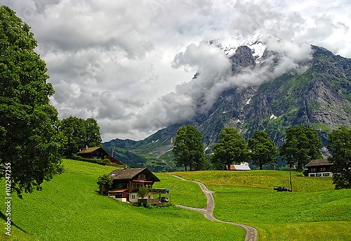 Швейцарский горный пейзаж с традиционными деревянными шале в Гриндельвальде
