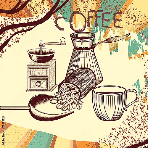 Кофейный ретро-плакат с рисованной кофемолкой
