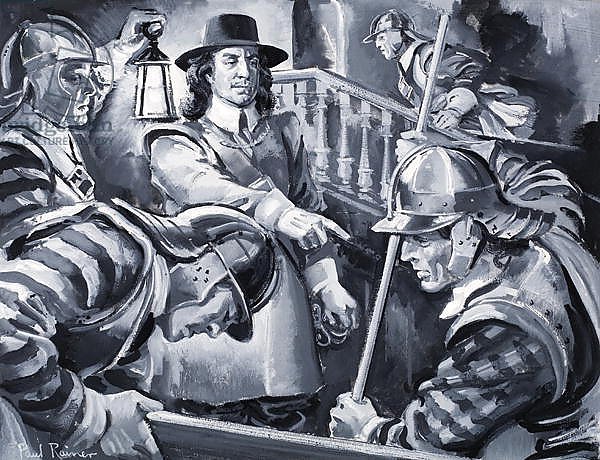 Oliver Cromwell and his Roundheads search a house for Royalists