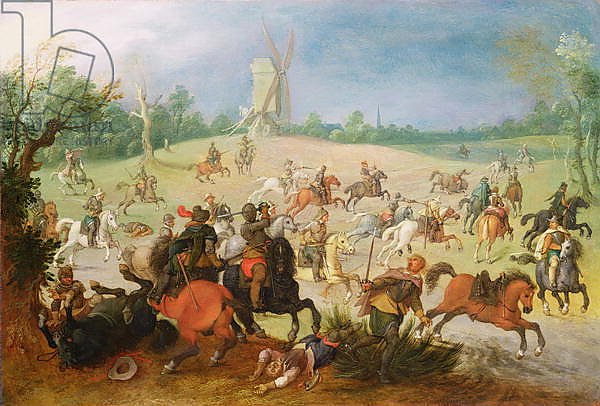 A cavalry battle in a wooded valley before a windmill