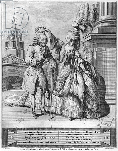 Voltaire crowned by Mademoiselle Clairon, engraved by Jean Victor 1791