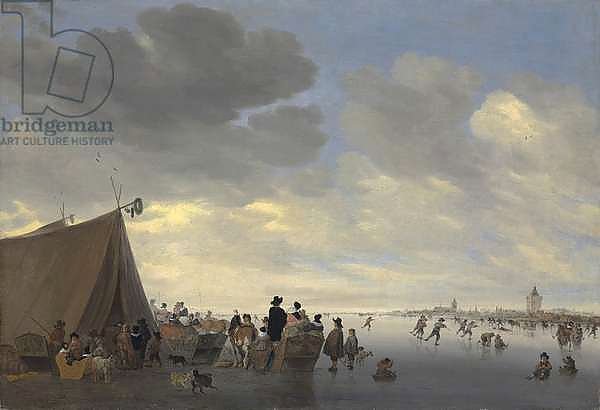 Skaters on the frozen river Lek, the town of Vianen beyond, 1653