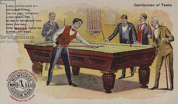 Men playing billiards, American trade card advertising Mayer shoes, Milwaukee, Wisconsin