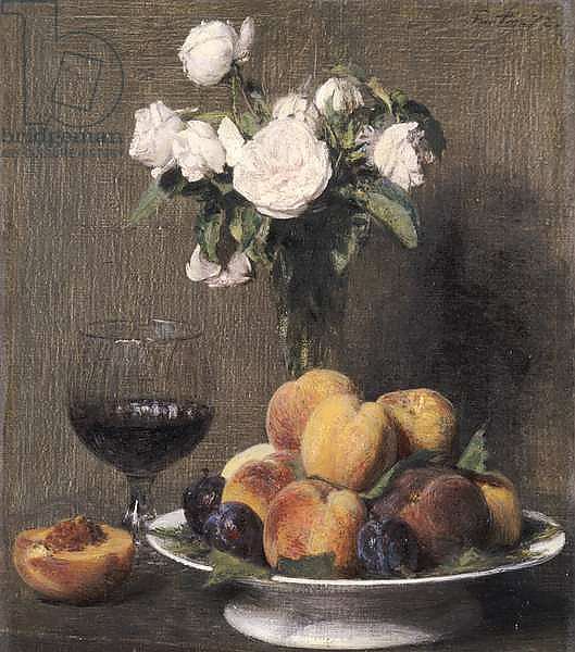 Still life with roses, fruit and a glass of wine, 1872