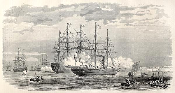 Imperial yacht Reine Hortense anchorage in Brest. Created by Blanchard, published on L'Illustration,