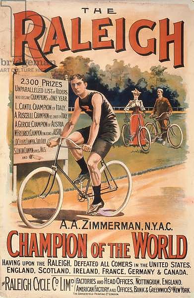 Poster advertising cycles 'Raleigh' with a portrait of Arthur Augustus Zimmerman, world champion, 1893