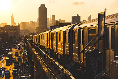 США, Нью-Йорк. Subway Train at Sunset