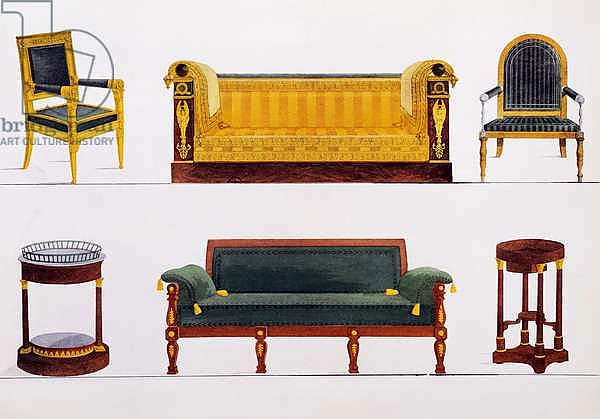 Armchairs, sofas, vases and coffee tables, Illustration from Collection de meubles et objects de gout, 1872, By Pierre-Antoine Leboux de La Mesangere, France