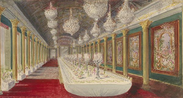 Стол для торжественного обеда в бальном зале замка Компьень