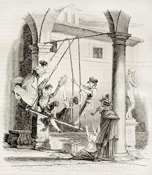 Canofiena old illustration (antique Italian swing). Published on Magasin Pittoresque, Paris, 1842