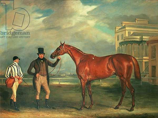 General Chasse, a chestnut racehorse being held by his trainer, with his jockey, J. Holmes standing by on Aintree racecourse, 1835