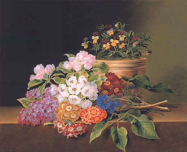 Lilac, apple blossom, cornflowers and sweet williams with a pot of violas on a ledge, 1827