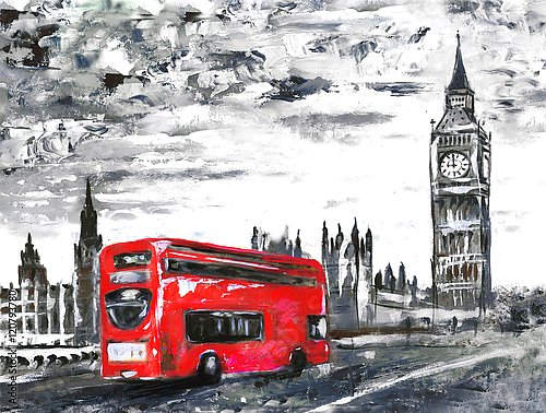 Красный лондонский автобус на дороге к Биг Бену