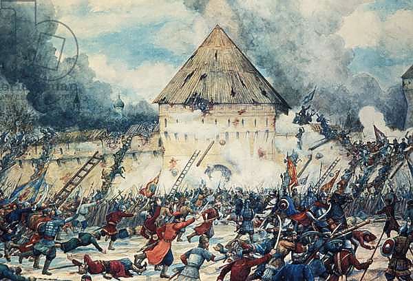 Battle with Polish Interventionists at the Vladimir Gate of Kitai-Gorod in Moscow, 1612, Watercolor by G, Lissner.
