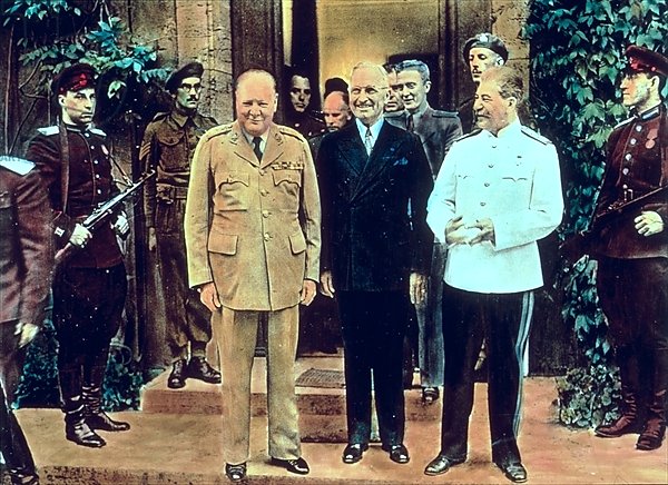 Winston Churchill President Truman and Joseph Stalin at the Potsdam Conference, July 1945