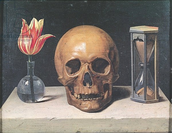 Vanitas Still Life with a Tulip, Skull and Hour-Glass