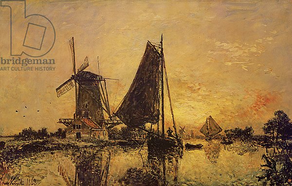 In Holland, Boats near a Windmill, 1868