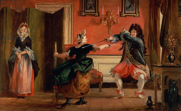 Jourdain Fences his Maid, Nicole with his Wife Looking on. Scene From 'Le Bourgeois Gentilhomme'