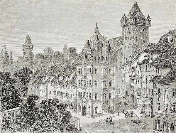 Panierplatz in Nuremberg, Germany. Created by Therond, published on Le Tour du Monde, Paris, 1864