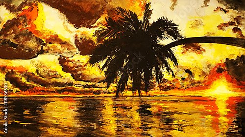 Пальма на фоне заката над тропическим морем