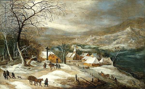 A Winter Landscape, with Figures on a Road by a Village,