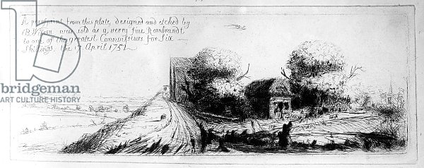 Landscape with country lane and cottages, etched by Benjamin Wilson, 1751