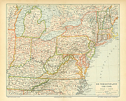 Постер Карта северных штатов США, конец 19 в. 1