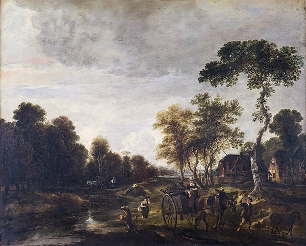 Вечерний пейзаж с лошадью и каретой на берегу ручья