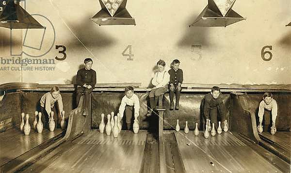 Young Boys Setting Up Bowling Pins at Arcade Bowling Alley Late at Night, Trenton, New Jersey, USA, c.1909