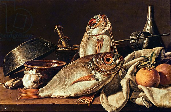 Still Life of fishes, oranges and garlic