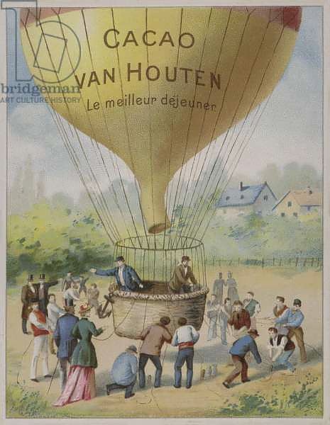 Ballooning scene, trade card advertising Van Houten cocoa
