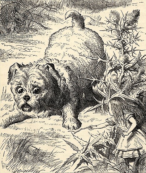 Alice shrinks and meets the puppy, from 'Alice's Adventures in Wonderland' 1891