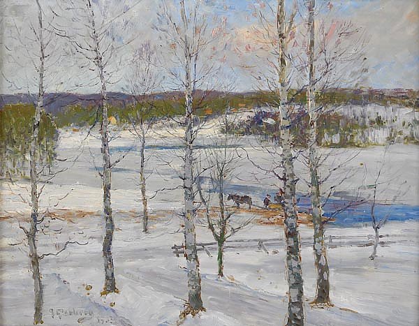 Winter landscape of Norrland with birch trees