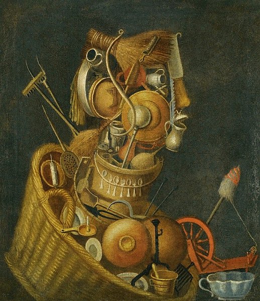 An Anthropomorphic Still Life With Pots, Pans, Cutlery, A Loom And Tools