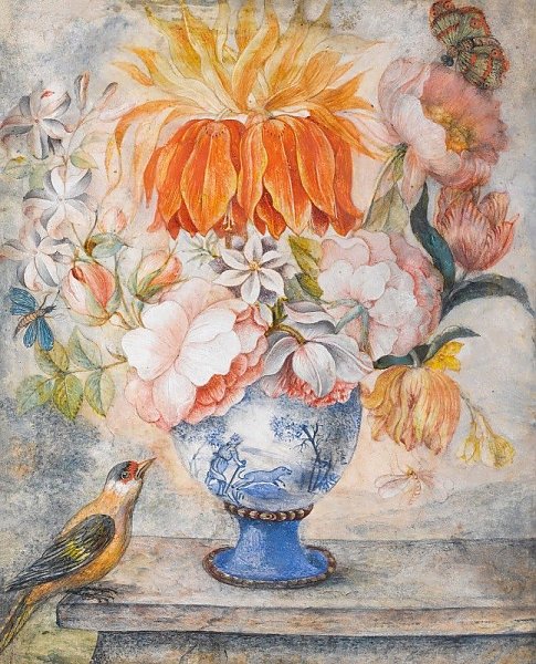 Still Life Of Flowers In A Blue Decorative Vase With A Bird Perched Beside On A Ledge