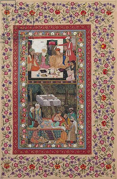 Ms E-14 Reading Verse and a Banquet in a Garden from a Moraqqa