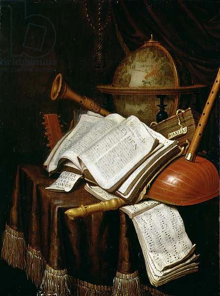 Vanitas with a globe, musical scores and instruments, 1692