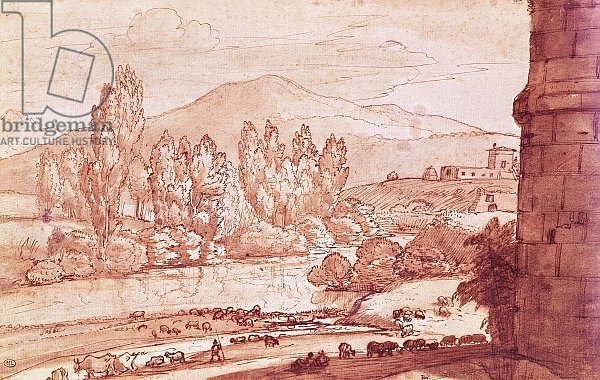 Landscape with a river, a herd of cattle and a herdsman