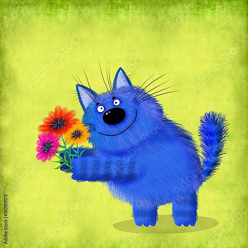 Синий пушистый кот с тремя цветами