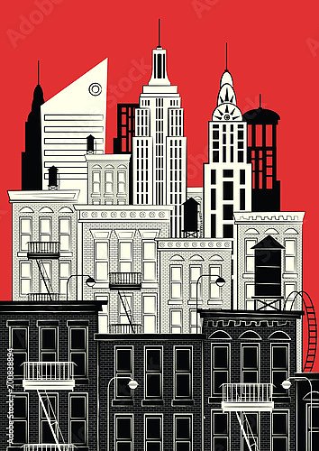 Черно-бело-красная иллюстрация Нью-Йорка