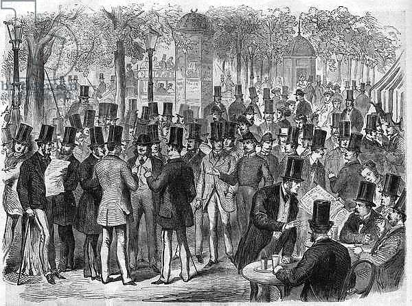 Brokers near the small Bourse du Boulevard des Italians in Paris, France. Engraving in “The Illustrous Universe”, 1867. Private Collection
