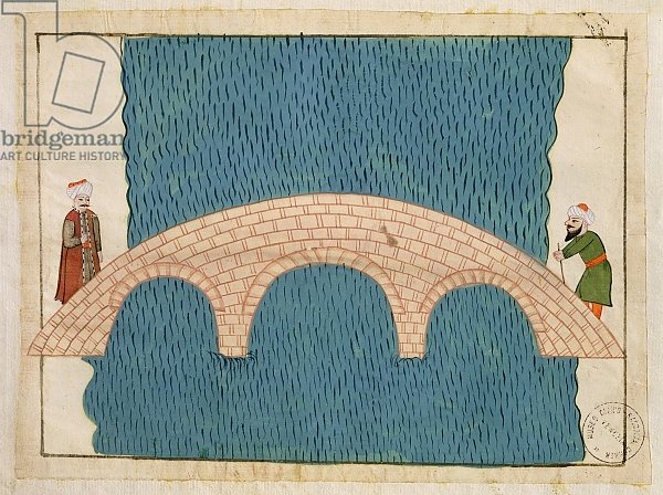 Ms. cicogna 1971, miniature from the 'Memorie Turchesche' depicting the Galata Bridge