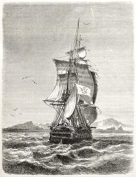 Frigate Novara of the Austro-Hungarian Navy. Created by Jules Noel, published on Le Tour du Monde, P