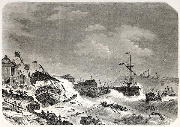 Storm damaging ships in the cost of Macao. Created by De Berard, published on L'Illustration Journal
